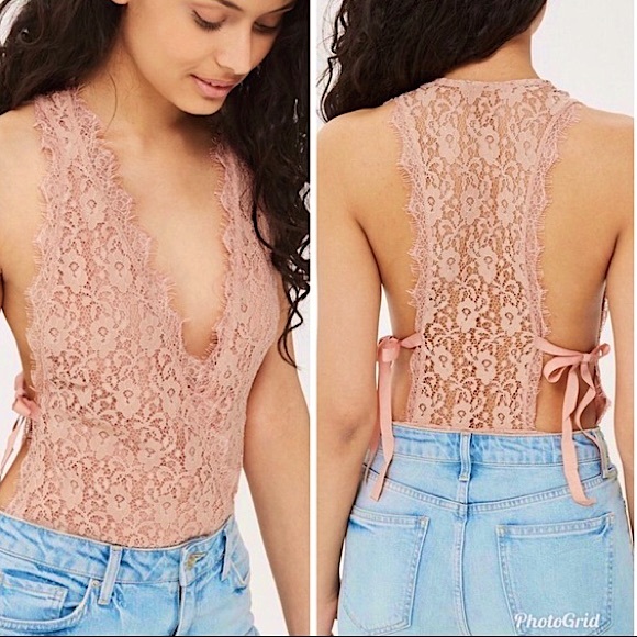 Topshop Tops - Topshop light mauve tie side lace bodysuit